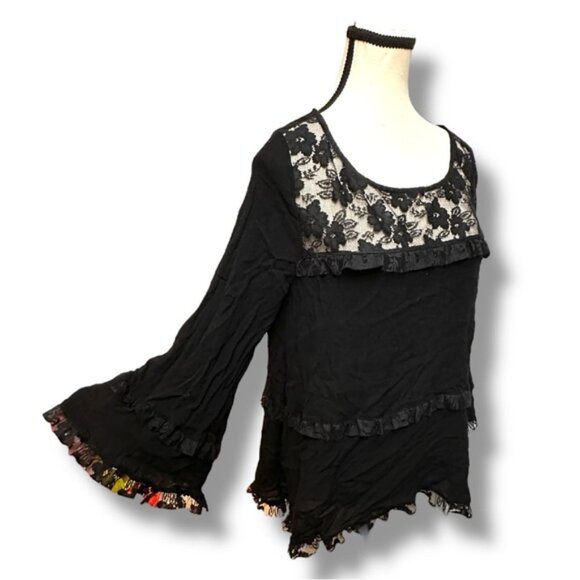 Women’s L Easel Black Lace Mesh Tiered Bell Sleeve Top - Picture 6 of 8